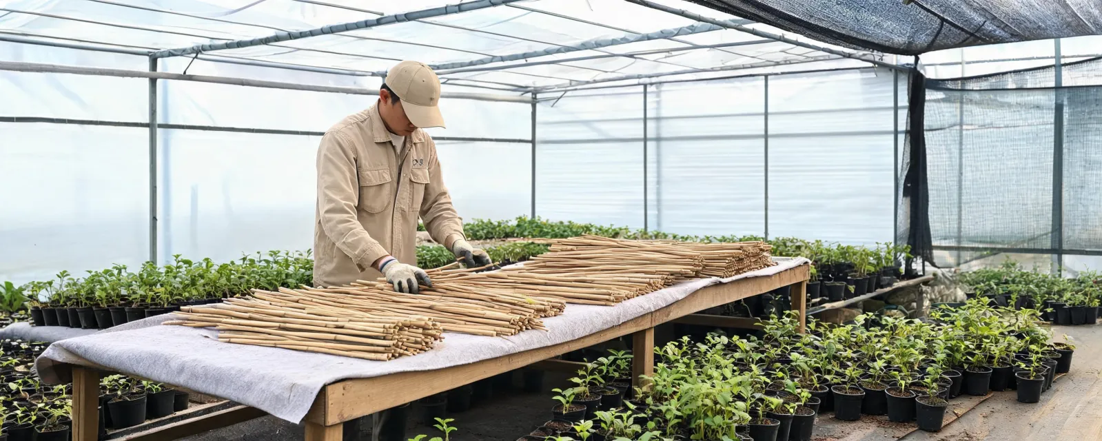Grower preparing bamboo support materials
